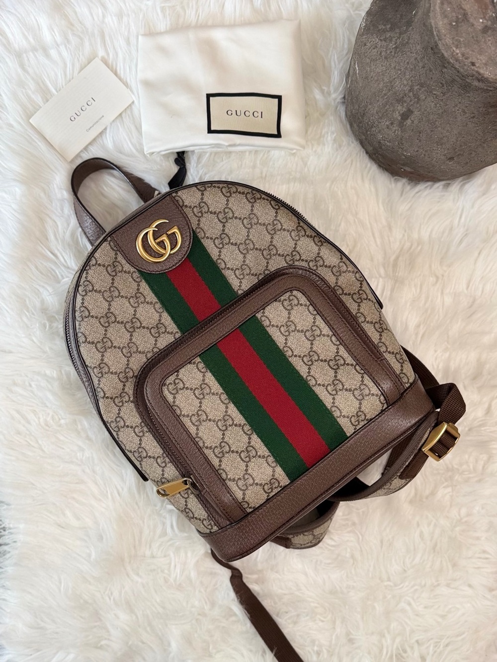GUCCI OPHIDIA BACKPACK GG COATED CANVAS with Green and Red Web Stripe